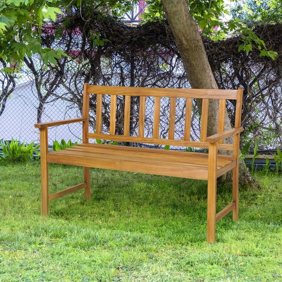 Costway Patio Acacia Wood Bench 2-Person Slatted Seat Backrest 800 Lbs Outdoor Natural