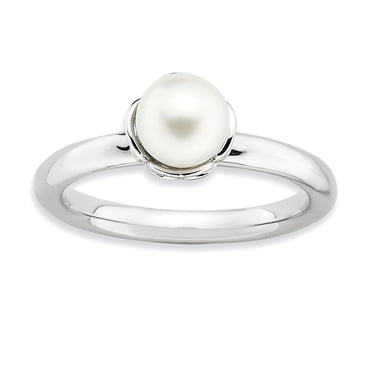 Sterling Silver Stack Exp. Polished White FW Cultured Pearl Ring Size 8
