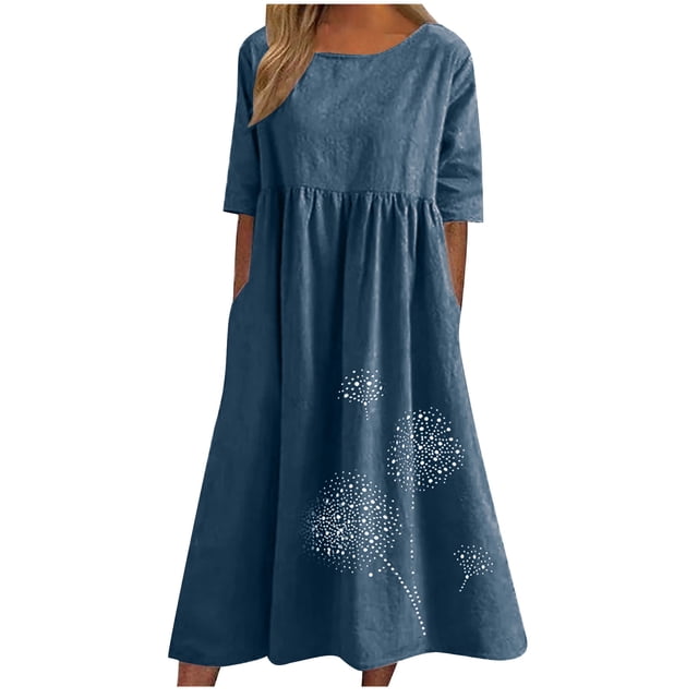 Robe Longue d'Été pour Femmes en Coton et Lin Grande Taille, Col Ras du Cou, Décontractée, Ample, Tunique, Robe T-Shirt, Robe de Printemps avec Poches