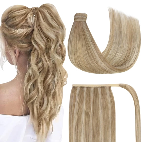 Sunny Hair Ponytail Hair Extensions for Women Real Human Hair Wrap Around Clip in Ponytail Extension Human Hair 80G Straight Pony Tail Hair Piece Dark Ash Blonde Highlights Golde