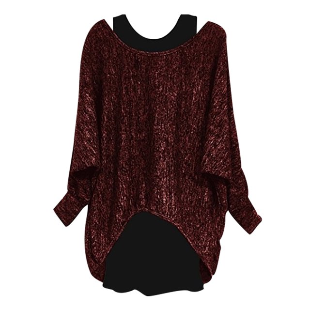 2PCS Mode Femmes Batwing T-Shirt à Manches Longues O-Cou Solide Plus des Hauts de Taille