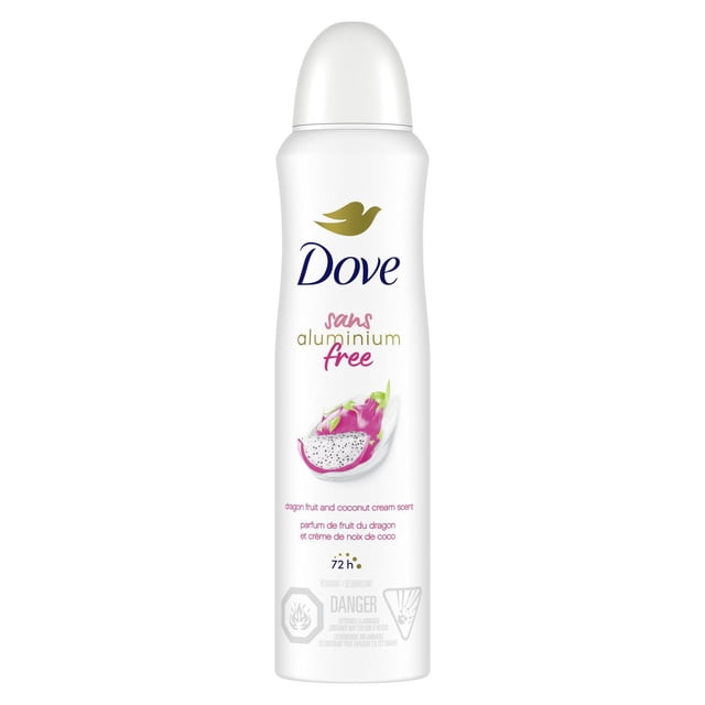 Dove Aluminium Free Déodorant for Women with 1/4 Moisturizers, Dragon Fruit & Coconut Cream 72h Odour Protection in a white spray can with rounded cap, featuring the Dove logo, pink and gold text, and dragon fruit image, providing gentle, aluminium-free odour protection and soft underarm care.