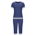 thumbnail image 4 of Mikilon Pyjama Décontracté pour Femmes Ensemble de Pyjama Décontracté Ample Couleur Unie Col Rond Manches Courtes 7 Pantalons Ensemble de Maison Pantalon de Pyjama Funky Confortable Manches Courtes Col Rond Ensemble Haut/chemise Bleu P, 4 of 9