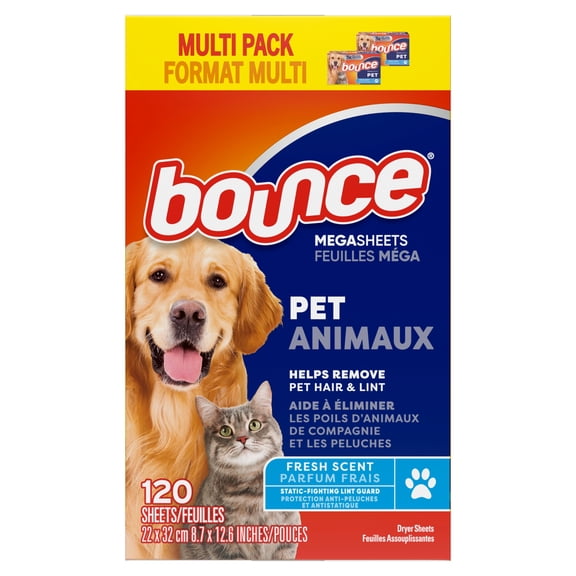 Feuilles assouplissantes Bounce, Anti-poils d’animaux et anti-peluche, parfum Frais, 120 unités