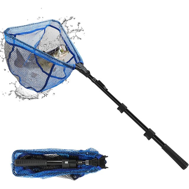 SAN LIKE Fishing Landing Net with Telescoping Pole Handle, featuring a blue rubber-coated mesh net and a durable fiberglass pole. The net extends from 15 to 43 inches and has a depth of 13.4 inches, making it suitable for trout fishing and easy catch-and-release. The ergonomic rubber grip and lightweight design ensure comfort and portability. Includes a folding mechanism and belt clip for convenient storage and transport.