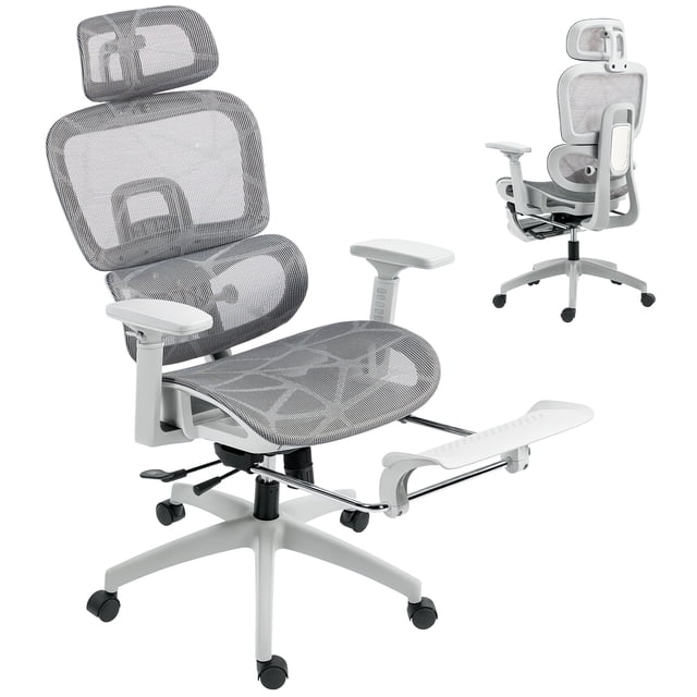 HOMCOM Chaise de Bureau Ergonomique en Maille, Chaise de Bureau à Dossier Haut, Vue Gris Centrée Orientée vers l'Avant Montrant un Dossier Haut en Maille de polyester Grise avec Appuie-Tête Réglable, Soutien Lombaire visible et Accoudoirs 3D Réglables, Repose-Pieds Manuel Rentré sous le Siège et base à Cinq Roulettes; Hauteur de Siège 19,3 Pouces–22,4 Pouces (49–57 cm), texture en Maille Respirante, Dossier Inclinable avec Fonction d'Inclinaison, Souvent Utilisé pour Rentrer de Petits Accessoires sous le Siège dans un Bureau à Domicile.