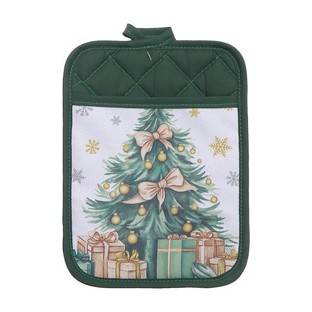 Pot Holder With Pocket (Christmas Tree) - Set of 6 showing a green quilted polyester pot holder with a built-in pocket featuring a Christmas tree decorated with gold ornaments and beige bows, surrounded by wrapped gifts on a white background with gold and silver snowflakes. Designed for heat-resistant kitchen use, ideal for autumn cooking and safely handling hot cookware.