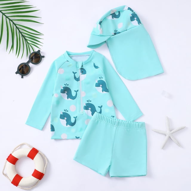 Product Classification Boys Swimwear Set Featuring Dinosaur Print Long Sleeve Rash Guard Swim Shirt with Swim Trunks and Hat for Summer Beach Pool