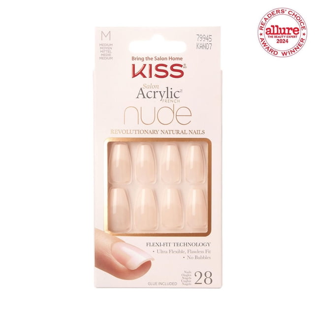 KISS Salon Acrylic - French Nude Breathtaking - Fake Nails, 28 Count, Short, medium-sized short acrylic French nude false nails in white packaging with clear window showing nails, featuring flexi-fit technology for a flawless, bubble-free French manicure look, includes glue and manicure stick, suitable for easy at-home application.