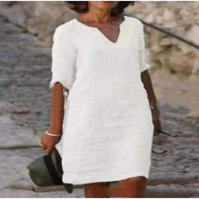 JUNWELL Robe Courte Vintage Unie Femme Mode Été Col en V Manches Trois Quarts Coton Lin Robes de Soirée Dames Décontracté Femme Vestidos