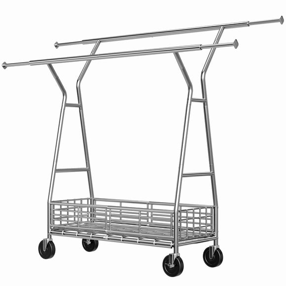 Exenoray Portant à Vêtements Robuste à Double Tige avec Panier de Rangement et Roulettes, Portant à Vêtements Chromé Ajustable avec Barres de Suspension à Double Hauteur, Organisateur de Vêtements Roulant pour la Maison et la Lessive