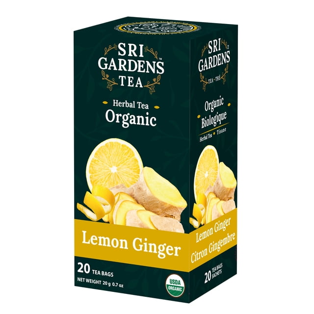 Sri Gardens Tea Tisane Citron Gingembre, 20 Sachets de Thé. un Mélange de Tisane Certifié Biologique avec Citronnelle, Pelures de Citron et Gingembre, Offrant une Saveur d'Agrumes Vive et des notes de Gingembre Réchauffantes. Naturellement Sans Caféine, Ce Thé Est Idéal pour Toute Heure de la Journée. la Boîte Contient 20 Sachets de Thé Emballés Individuellement pour Assurer la Fraîcheur, avec certification Biologique USDA Affichée.