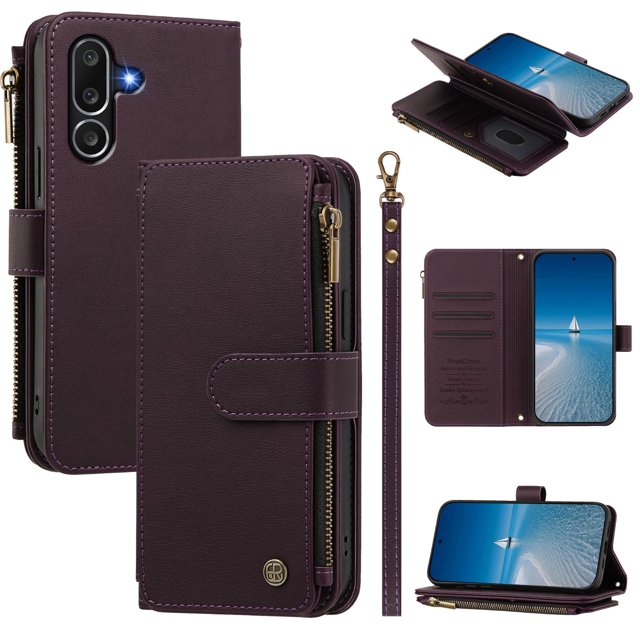 Samsung Galaxy M56 Wallet Cover with Zipper Pocket, Purple