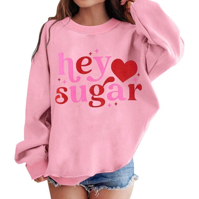FAOWME Chandail en Molleton Graphique pour Filles Col Rond Manches Longues Mignon Épaule Tombante Chandail Rose 6-7 Ans