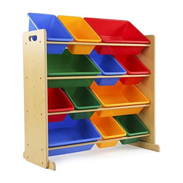 Tot Tutors Kids' Toy Storage Organizer with 12 Plastic Bins, Natural/Primary (Primary Collection)