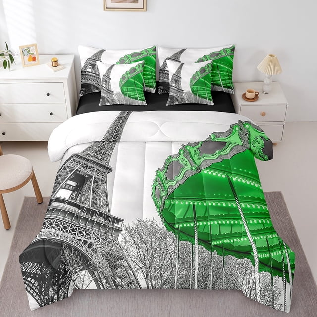 Erosebridal Literie Carrousel Verte Format Simple, Ensemble de Lit Tour Eiffel de Paris Format Simple, Déco de Chambre Romantique, Réversible 7 Pcs