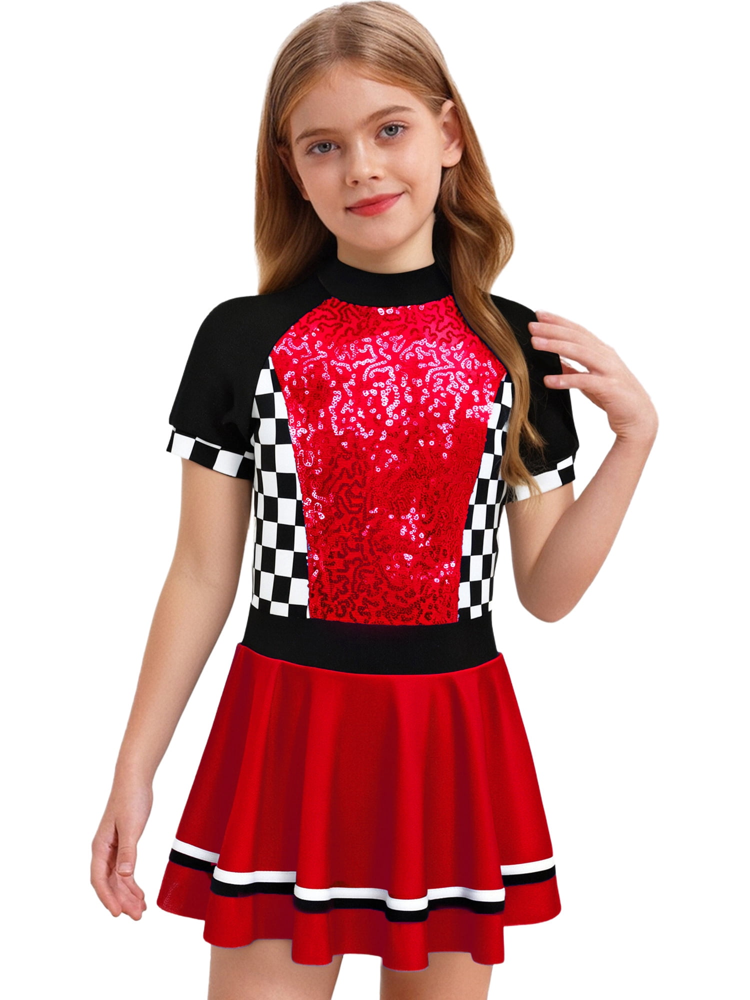 YiZYiF Costume de Course pour Filles Enfants Pilote de Course Déguisement Chic Manches Courtes Fermeture Éclair au Dos Robe Trapèze Rouge 16