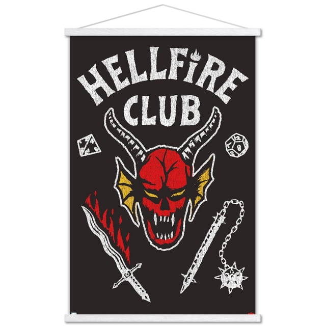 Netflix Stranger Things : Saison 4 - Affiche Murale du Hellfire Club, 14,725 Po x 22,375 Po Encadrée, Représentant un Crâne Démoniaque Rouge avec des Cornes Noires et des Oreilles Jaunes Centré sur un Fond Noir, Texte Blanc « Hellfire Club » au-Dessus, Entouré d'Icônes de Jeu Fantastiques Blanches à Contour, Incluant une Épée Flamboyante, un Fléau à Pointes, une Matrice à 20 Côtés et une Matrice à 4 Côtés,