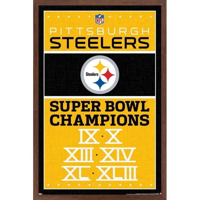 NFL Pittsburgh Steelers - Affiche Murale Champions 13, art Mural Encadré 22,375 Pouces x 34 Pouces avec sections Jaunes et Noires, Mettant en Vedette le logo des Steelers avec des Étoiles Jaunes, Rouges et Bleues, et un Texte Audacieux Répertoriant les Chiffres Romains du Super Bowl championship IX, x, XIII, XIV, TG et XLIII, Convient à la Déco de Chambre de fan de sports Ou à la Décoration de Fête.