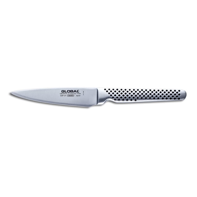 Global Paring Knife - 4.25-inch stainless steel kitchen knife with a razor-sharp, thin blade and seamless construction for safety and hygiene. Features darkened dimples on the handle for a non-slip grip, ideal for slicing fruits, vegetables, and cheese.