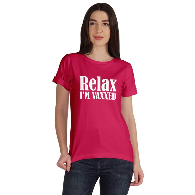 Inkmeso Relax I'M Vaxxed Drôle Pro-Vaccin T-shirt en Coton à Encolure Dégagée pour Femmes