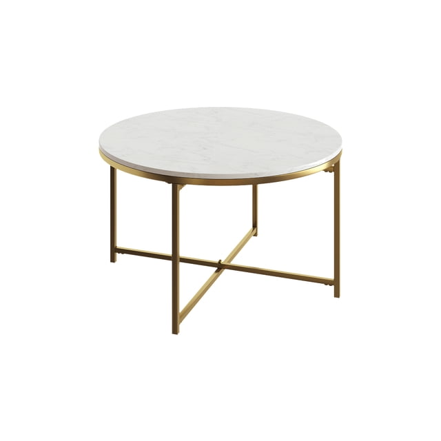 Elemental Round Coffee Table with White Marble Top and Brushed Gold Metal Frame featuring a smooth white marble surface and sturdy gold metal crossbar legs, designed for modern living rooms with easy-to-clean durability and suitable as an accent or centre table.