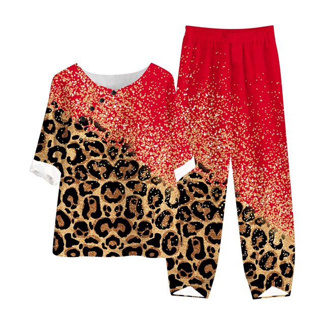 Mikilon Ensemble Élégant pour Femmes 2 Pcs Coton & Lin Imprimé Manches 5/10 Col Rond + Pantalon Décontracté Ensemble Chic & Confortable Manches Courtes Col Rond Blouse/chemise Rouge 4TG