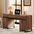 thumbnail image 1 of WAMPAT 59 inch Executive Desk, Modern Home Office Computer Desk with Drawers and Charging Station, Wooden Writing Workstation with File Cabinet Storage, Study Table for Work and Study, Brown, 1 of 10