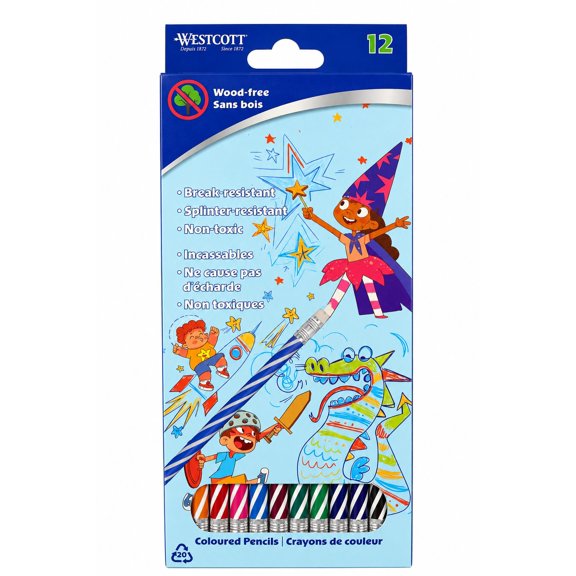 Westcott wood free pencils, colored pencils with twist pattern overlay, pack of 12