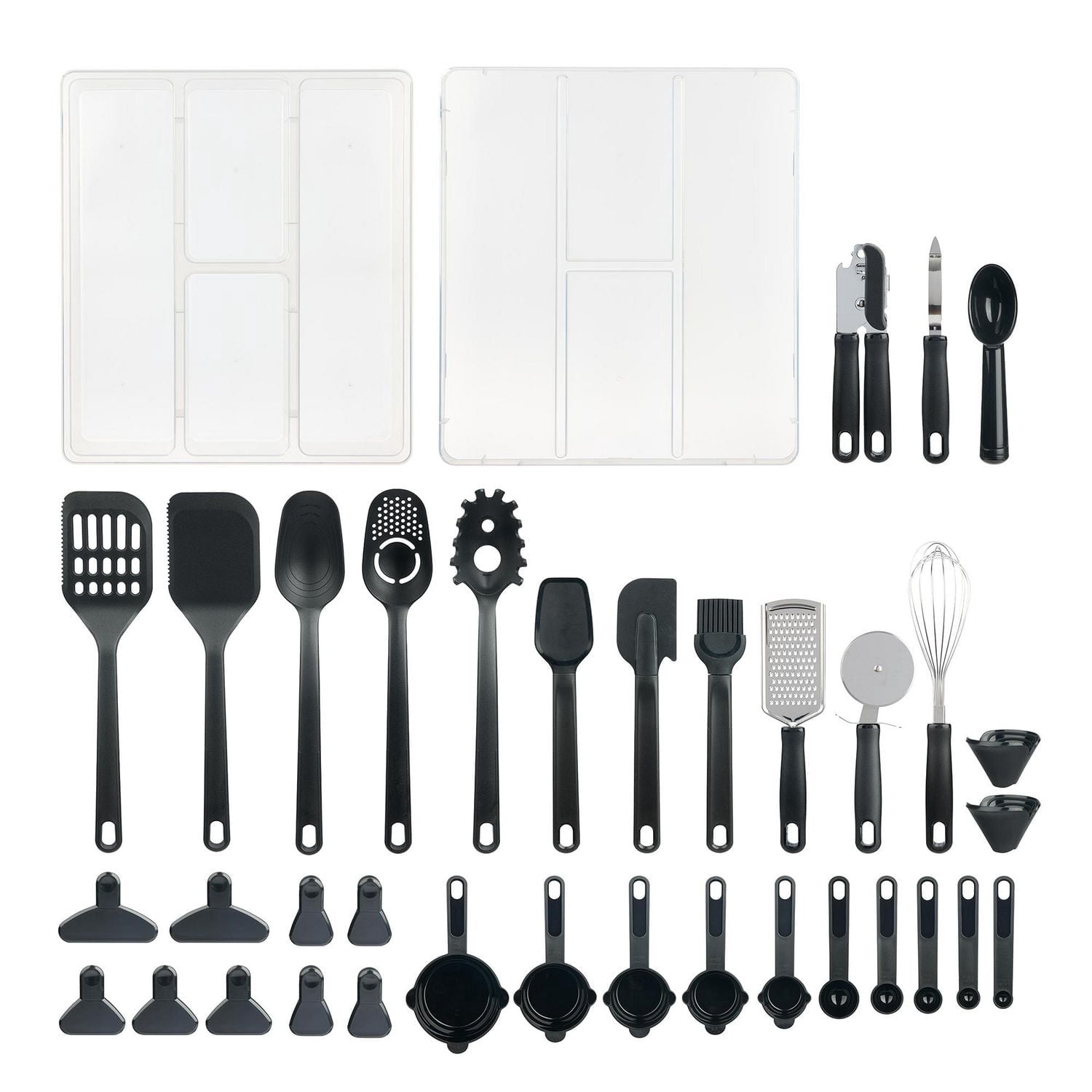 Ensemble 36 pc d'ustensiles pour cuisine Mainstays avec plateau de rangement, noir et transparent