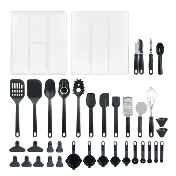 Mainstays 36-Piece Kitchen and Cooking Utensils with Tray Organizer, Clear and Black