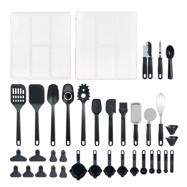 Mainstays 36-Piece Kitchen and Cooking Utensils with Tray Organizer, clear and black, arranged with two white plastic tray organizers, including nylon spatulas, spoons, pasta server, silicone basting brush, measuring cups and spoons, can opener, peeler, ice cream scoop, grater, pizza wheel, whisk, and bag clips with black handles, ideal for kitchen gadget organization and drawer storage.