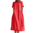thumbnail image 2 of LOVZFMLL Women's Summer Fashion Solid Color Round Neck Short Sleeve Linen Dress Red L, 2 of 9