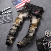 EGNMCR Jeans for Men, Men's Elastic Waist Loose Fit Denim Pants, Mens Pull On Jeans Men's High-end Stretch Nostalgic Street Personality Embroidery Ripped Trousers Men Pants