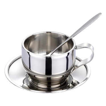 Insulated Coffee Cup Set-Double Walled Espresso Cups Latte Cappuccino Tea Cup with Saucer and Spoon 125Ml (Set of 4)