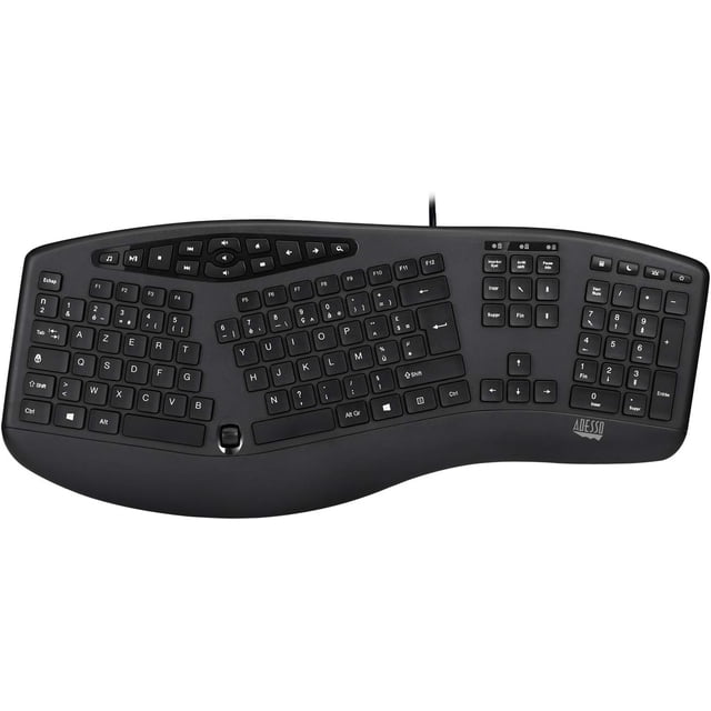 Adesso French Canadian Ergonomic Desktop Keyboard featuring a split ergonomic layout for natural hand and wrist positioning, low-profile chiclet keys for quiet typing, integrated palm rest to relieve joint pain, and built-in scroll wheel, in black with French Canadian key labels.