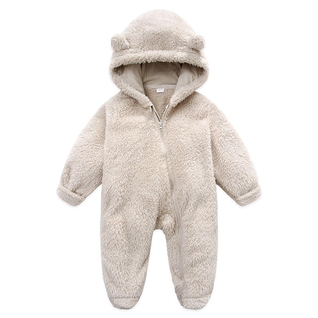 AherBiu Baby Girls Clothes Newborn Jumpsuits Hooded Fleece Zip up Infant Rompers Fall Winter Fuzzy Solid Color Bodysuits