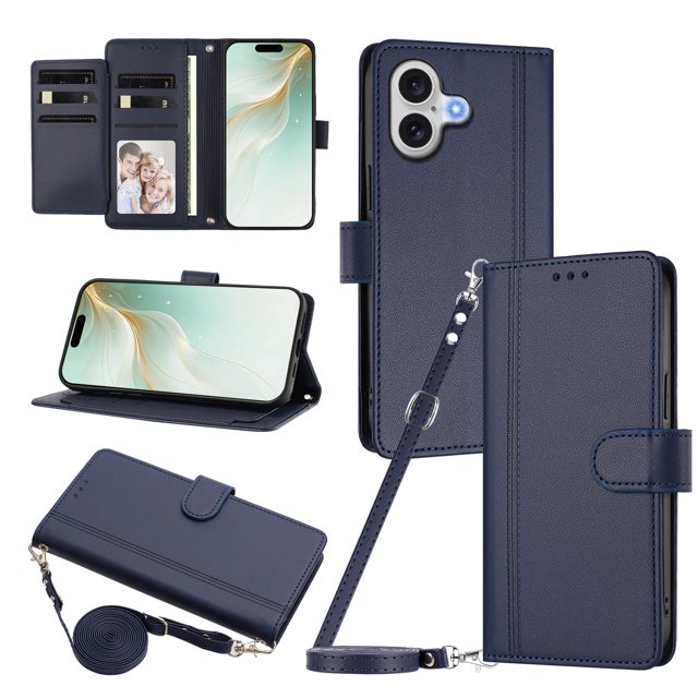 iPhone 17 Leather Wallet Case, Book Style Cover with Tab Closure, Blue