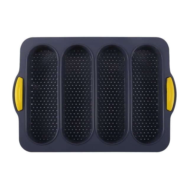 Dvkptbk Bread Mold Loaf Pan Set of 1 with Four Buns, featuring a non-stick grey design with perforated cavities for even heating. Includes yellow handles for safe handling, ideal for baking French bread, baguettes, and hot dogs. Perfect for breakfast baking and kitchen essentials. Dishwasher and microwave safe.
