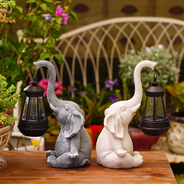 VONKY Outdoor Garden Statues With Solar Lantern Creating Beautifully Sculpted Elephant Decoration Statue With Solar White 1Set