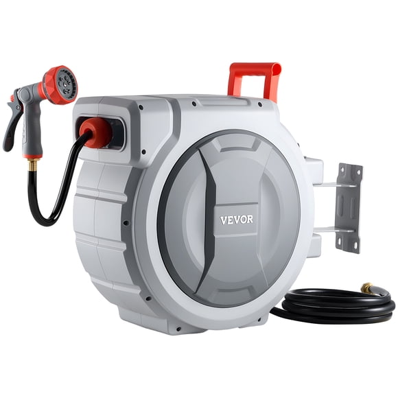 VEVOR Retractable Garden Hose Reel, 1/2 in x 130 ft, Wall Mounted Hose Reel with 9-Function Sprayer Nozzle and 180° Swivel Bracket, Any Length Lock
