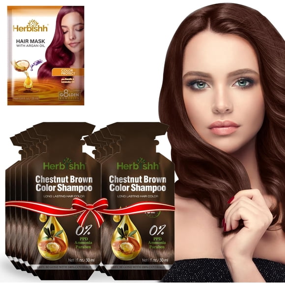 Herbishh Chestnut Brown PPD-Free Hair Color Shampoo Travel Pouch for Gray Hair, Hair Dye Shampoo 3 in 1, 100% Gray Coverage, Permanent Hair Color for Men & Women, Ammonia-free, (30ml*10)
