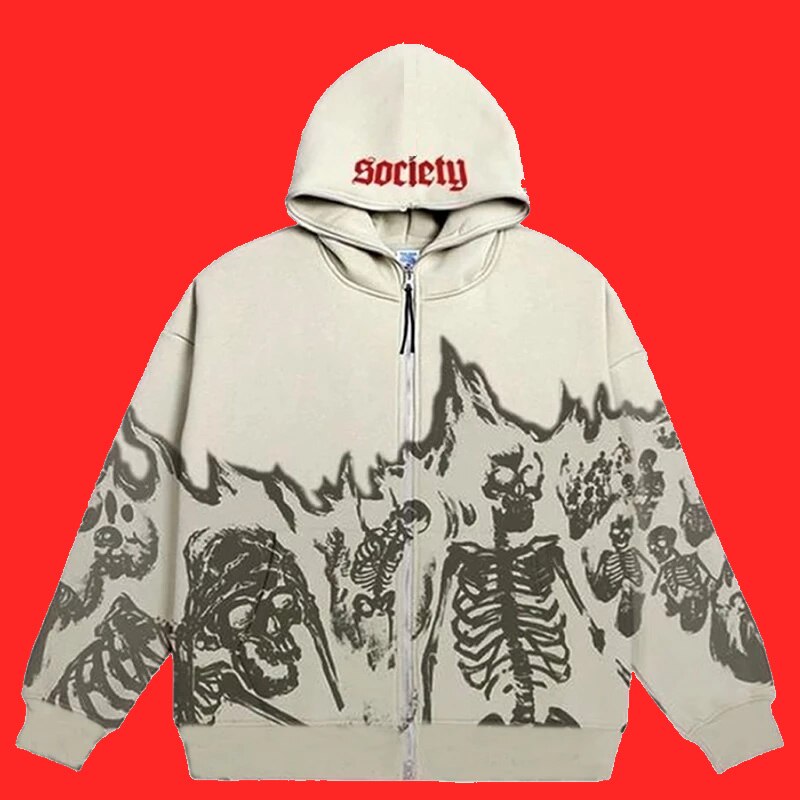 Y2K Emo Men Streetwear Vintage Skull Hoodie Zip Up Hoodies Grunge