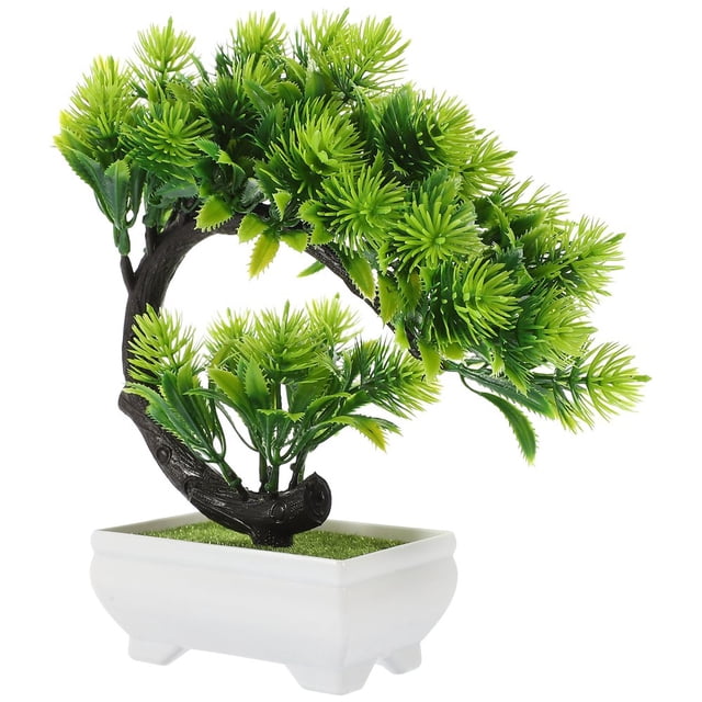 EASTIN Indoor Bonsai Tree Live Plant Flowers Simulated Green Pots. This artificial bonsai tree features vibrant green plastic foliage with a lifelike design, set in a white rectangular pot. Measuring approximately 25x22x9 cm, it is compact and lightweight, ideal for home or office decor. The tree adds a natural touch to any space without requiring maintenance, making it suitable for various interior styles.
