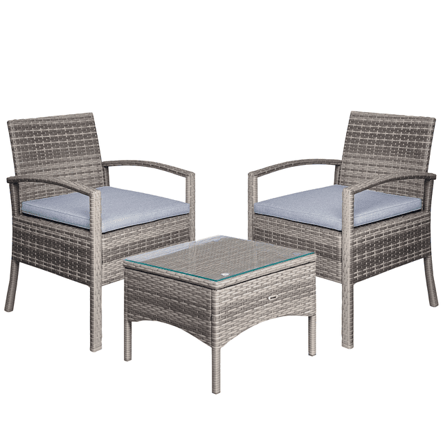 Outsunny Rattan Coffee Set Garden Chairs and Table Set 3 Piece Grey