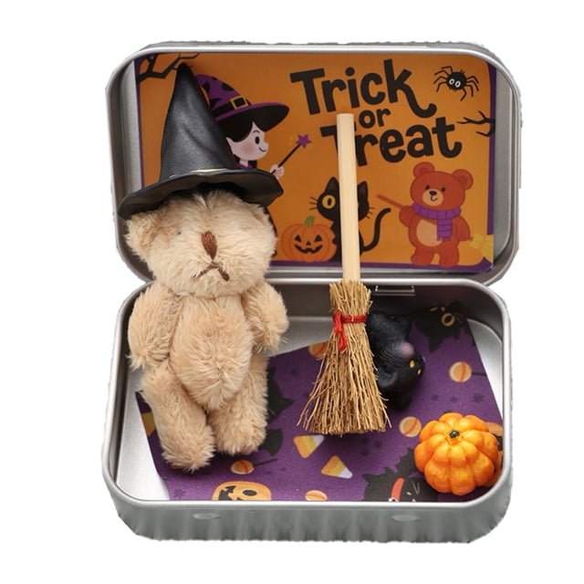 stanreset Handmade Cute Witch Teddybear In Box Miniature Witcher With Broom Pumpkin Cat Halloween Party khaki