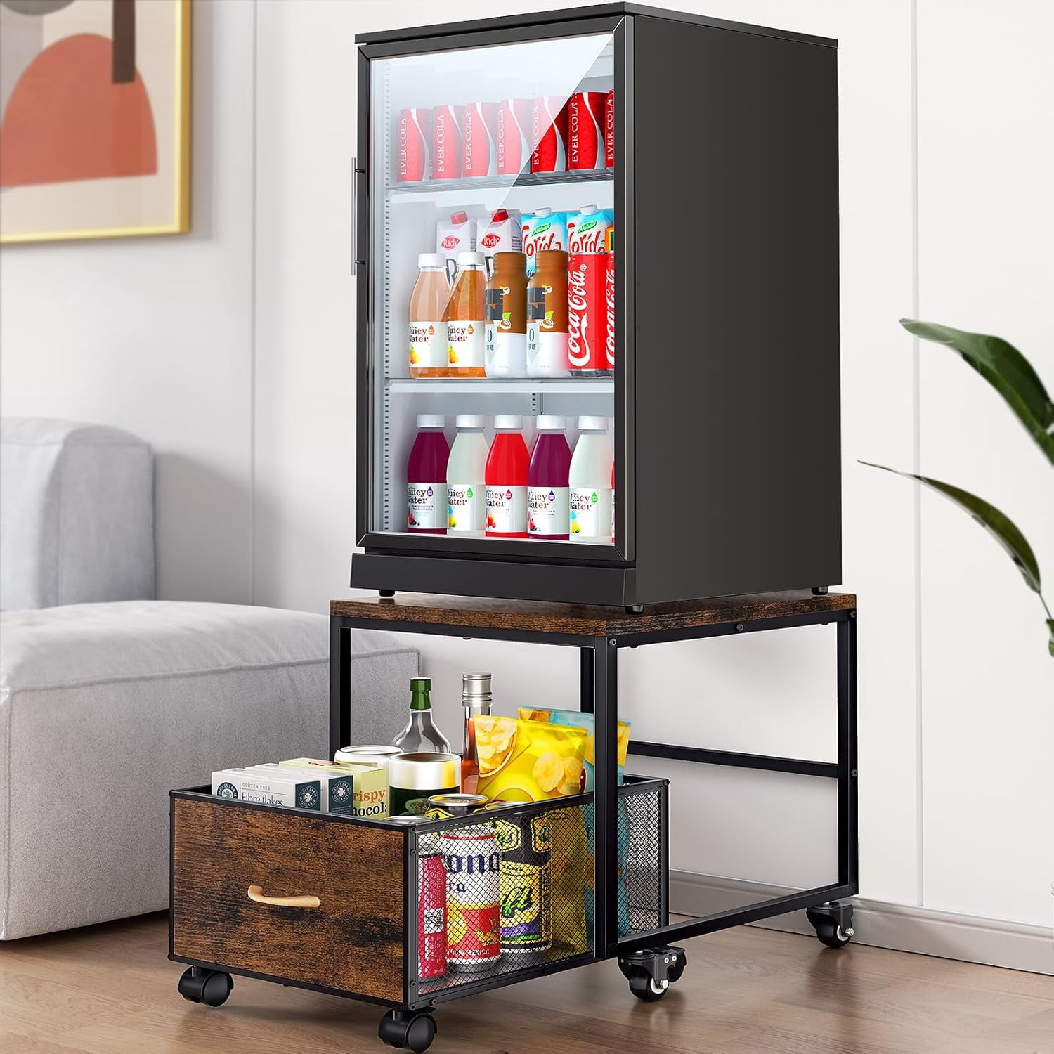 Mini Fridge Stand with Storage,Mobile Mini Fridge Cabinet Beverage Refrigerator Stand for Coffee Bar Dorm Fridge Cart for Compact Refrigerator Mini Fridge Organizer with Wheels Drawer Basket for Home