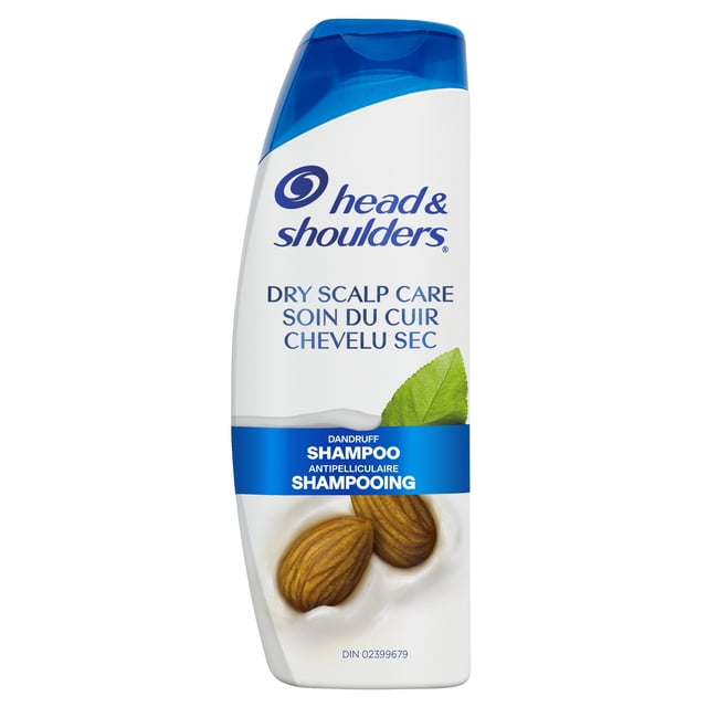 Head & Shoulders Dry Scalp Anti-Dandruff Shampoo bottle with blue flip cap and white body, showing almond nuts and green leaf graphics, bilingual English and French text emphasizing dry scalp care, dandruff treatment, and moisturizing formula ideal for soothing dry, itchy scalp.