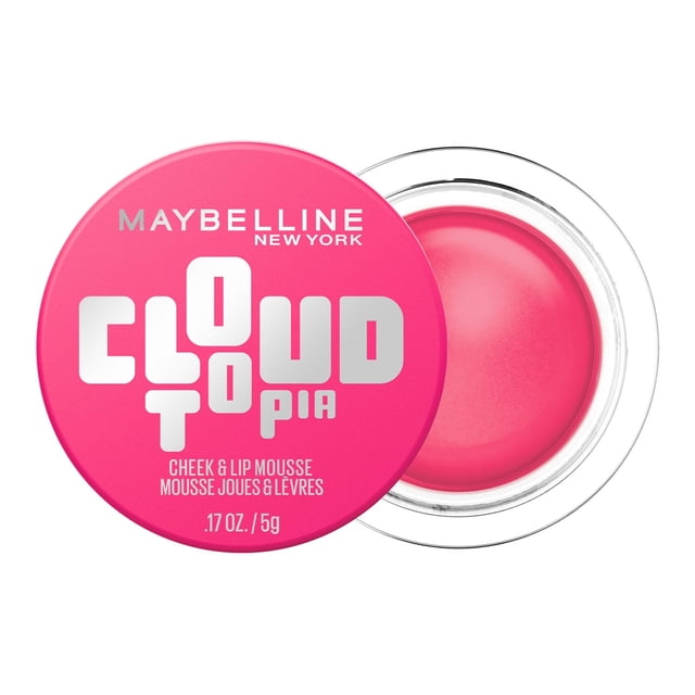 Maybelline New York Cloudtopia Blush, Cheek & Lip Mousse in Pink Daydream, 5 g, in a clear round jar with a bright pink lid featuring silver and white text, showing the smooth, pigmented pink mousse suitable for long-lasting cheek and lip color.