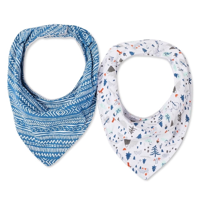 George infants' unisex bandana bib 2-pack including one blue bib with white geometric tribal patterns and one white bib with multicolored woodland prints, both made of cotton and cotton blend with Velcro closures for secure fit during feeding.